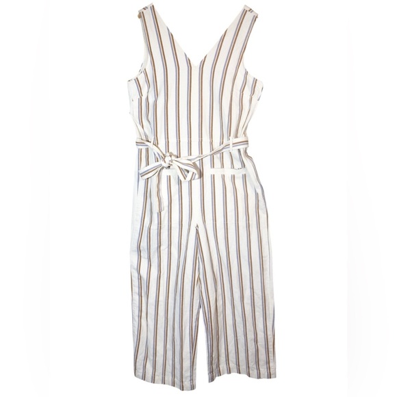 Madewell Striped Sleeveless Jumpsuit Size Large Tie Waist V-Neck Wide Leg - Picture 2 of 9